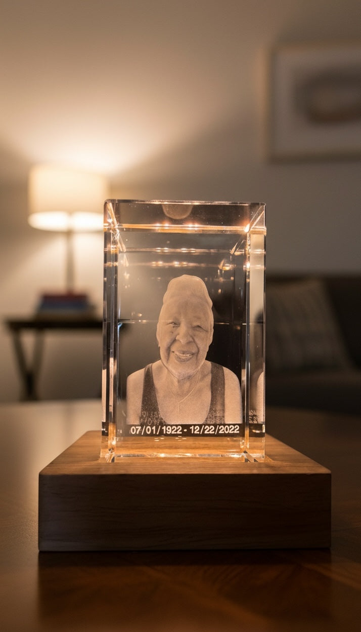 Custom 3D crystal engraved photo memorial on wood base with LED light